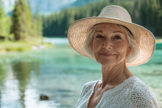 A confident senior woman in a sunhat stands by a sparkling lake in July