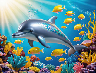 Obraz premium 3d Dolphin Coral Colorful Fish Under the Sea 