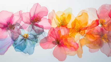 Dynamic composition of vibrant overlapping transparent flowers, set against a white-light grey background, creating a colorful scene