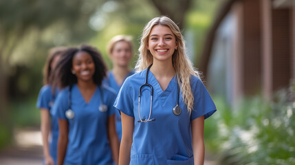 Obraz premium Diverse team of medical students young women in scrubs walk together on a university hospital campus.