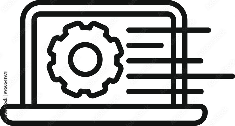 Poster line art style vector of a laptop showing working processing system with rotating gear, symbolizing 