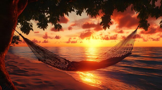 Sunset on tropical beach hammock between trees with crystal-clear water vibrant bold colors high saturation realistic 3D-rendered waves