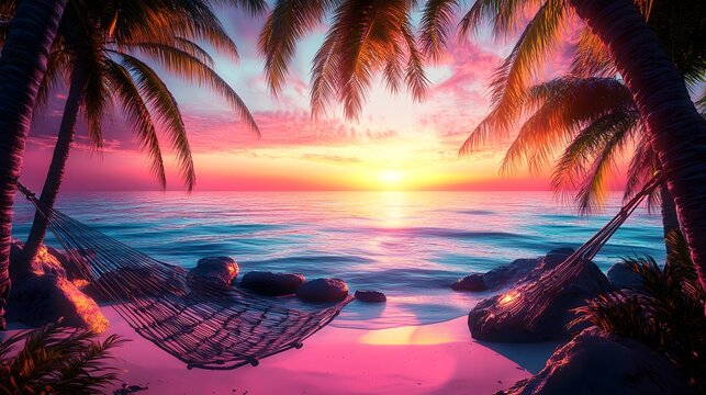 Sunset on tropical beach hammock between trees with crystal-clear water vibrant bold colors high saturation realistic 3D-rendered waves
