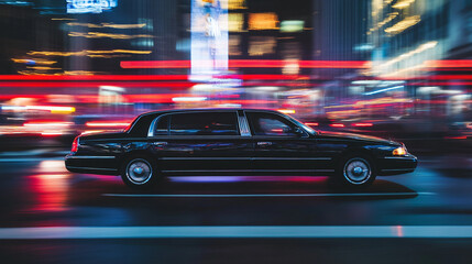 A black limousine speeds through a vibrant city street at night amidst colorful lights and bustling nightlife