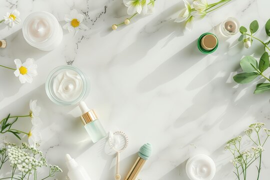 A serene arrangement of skincare products on a marble surface, surrounded by delicate flowers for a fresh and luxurious touch.