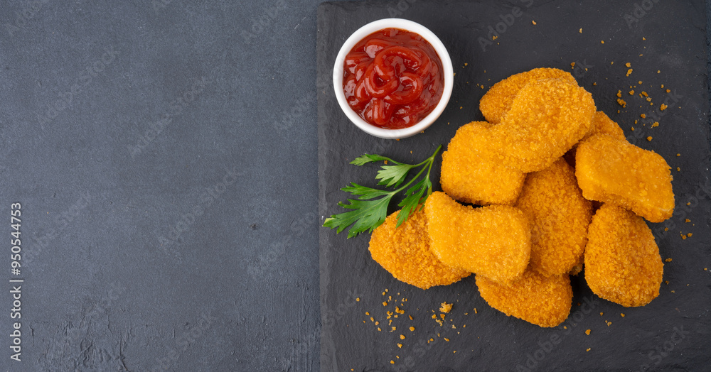 Wall mural delicious chicken nuggets on black background. cooked or raw chicken nuggets