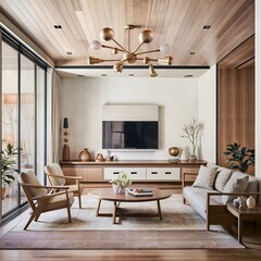 Interior design of a modern living room in Japandi, Sweden.
