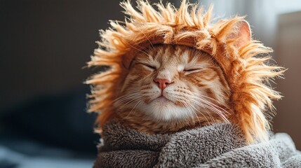 Naklejka premium Proud Cat in Comical Lion Mane Costume Displaying Fierce Expression with Tiny Face Charm
