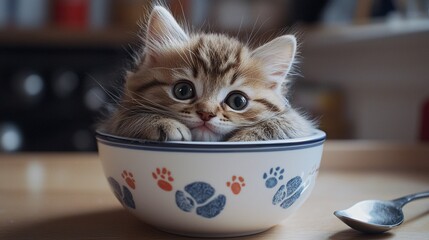 Playful Kitten Snuggled Inside a Cereal Bowl with a Spoon Creating a Whimsical Scene Ke