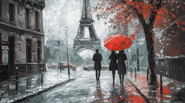 Couple walks under a red umbrella near the Eiffel Tower in Paris during a rainy day, surrounded by colorful autumn leaves