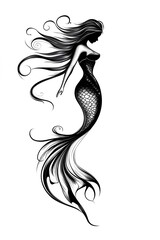 a minimalistic tattoo sketch of a mermaid, focusing on a simple, elegant silhouette. The design should emphasize the flowing lines of the mermaid's body and tail, with minimal details 