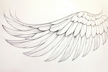 tattoo sketch of angel's wings, focusing on a delicate, flowing design. Use clean lines to depict the soft, feathered texture of the wings, with a gentle curve to convey a sense of serenity and grace.