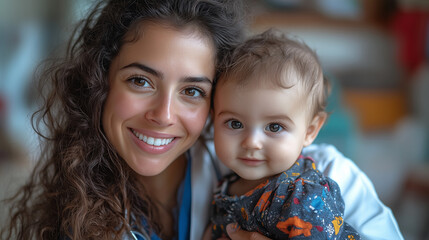 Fototapeta premium Doctor : Happy infant kid assessment in clinic; hospital and medical analysis. An image featuring a doctor and child; along with a doctor and baby.