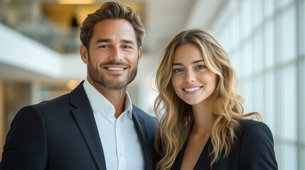 A confident and handsome businessman and bueatiful businesswoman with a friendly smile with A confident