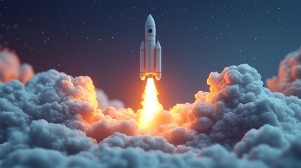 Igniting Ambition: A majestic rocket pierces the clouds, blazing a trail towards the cosmos in a powerful symbol of innovation, ambition, and the pursuit of dreams. 