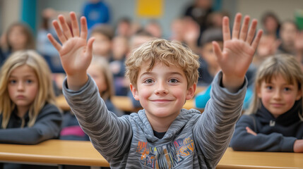 Fototapeta premium Elementary age student boy raised hands up in class. Volunteering and participating classroom concept.