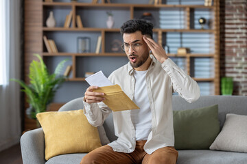 Surprised young man reading unexpected letter on couch, showing disbelief and shock in modern...