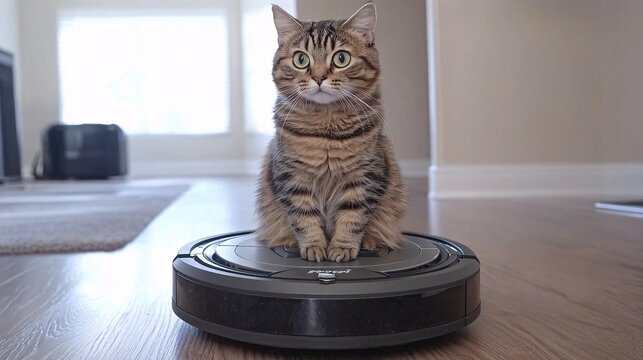 Playful Cat Adventuring on a Roomba Creating Laughter and Chaos Around the Home