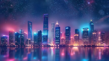 Fototapeta premium A vibrant city skyline at night, illuminated by colorful lights reflecting on calm waters, showcasing a modern urban landscape.