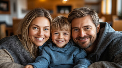 Obraz premium Family on a tech-friendly cozy couch, sharing stories, laughter, modern home.