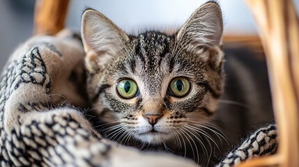 Obraz premium Charming Close-Up of Adorable Kitten with Bright Green Eyes Nestled in a Cozy Basket Lined