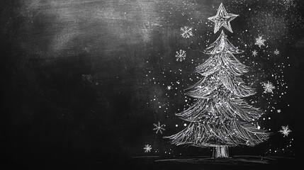 Chalk drawing of a Christmas tree on a blackboard with snowflakes and a star, showcasing holiday spirit in an educational setting