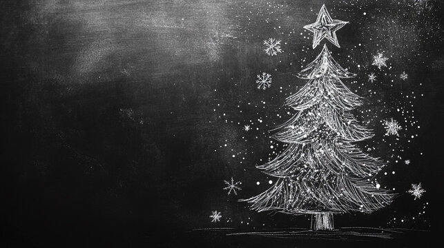 Chalk drawing of a Christmas tree on a blackboard with snowflakes and a star, showcasing holiday spirit in an educational setting