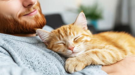 Red-bearded young man holds a sleeping ginger kitten from a shelter on his chest, space for veterinary clinic and pet care and assistance concept