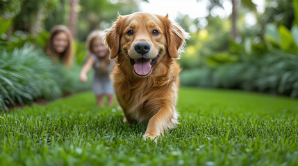 Happy family playing with happy golden retriever dog on the backyard lawn.