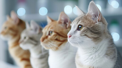 Fototapeta premium Portrait of beautiful healthy cats in animal shelter, veterinary clinic and animal care concept