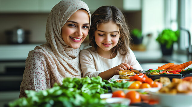 smilling mom wear hijab and child enjoy love relation cudding hobby moment in kitchen sunday morning.