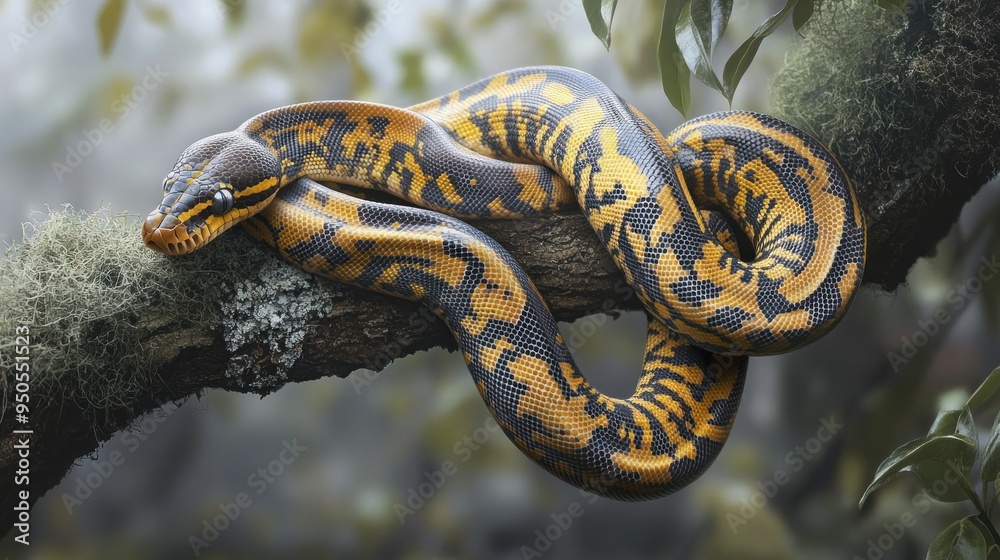 Poster Yellow and Black Snake Coiled on a Branch