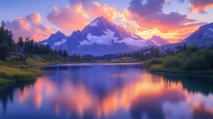 Obraz premium majestic mountain sunset with vibrant sky colors reflected on tranquil lakes silhouetted peaks and warm hues create a serene and aweinspiring landscape