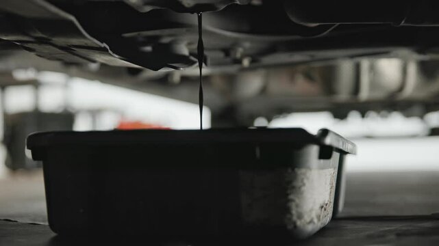 Old and wasted synthetic oil being drained into basin van beneath car and sprinter van garage floor as it pours out in slow motion and close-up into a bucket