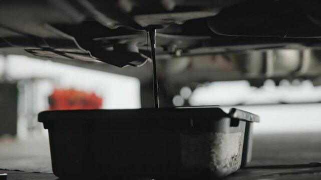 Old and wasted synthetic oil being drained into basin van beneath car and sprinter van garage floor as it pours out in slow motion and close-up into a bucket