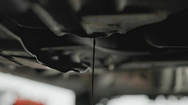 Old and wasted synthetic oil being drained into basin van beneath car and sprinter van garage floor as it pours out in slow motion and close-up into a bucket