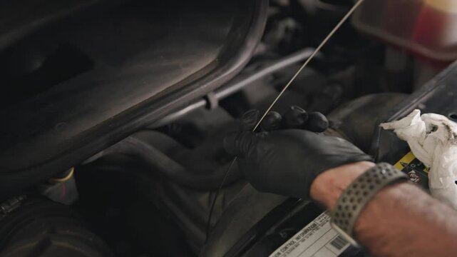 Adult man hands pull out oil check stick and dipstick rod from engine to check quality and amount of synthetic gasoline inside sprinter van and automobile car tank in slow motion and close up