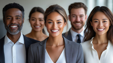 Dynamic business team portrait, confident smiles, in a bright, white-toned studio office environment.