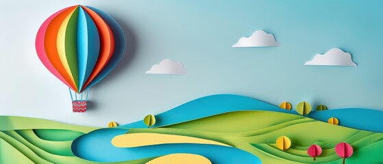 Colorful hot air balloon flying over a vibrant landscape with rolling hills and playful clouds, depicting a whimsical scene.