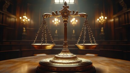 majestic scales of justice ornate golden balance set against the grand backdrop of a stately courtroom symbolizing law and order with dramatic lighting