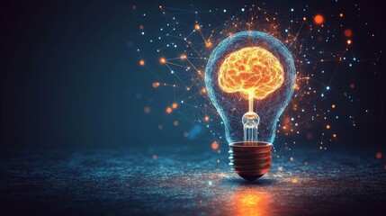 Brainpower Illuminated: A glowing light bulb with a visible human brain inside, symbolizing the power of human intellect and innovative thinking. The abstract concept is depicted against a dark blue b