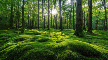 Obraz premium A densely wooded forest with vibrant green foliage, sun rays peeking through tall trees, and lush, moss-covered ground, creating a peaceful natural setting.