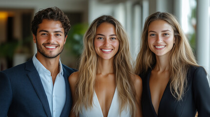 Fototapeta premium Approachable business professionals captured in a studio, vibrant smiles, white modern office background.