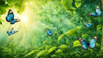 Fototapeta premium Illustration of Butterflies flying and dancing in a Green Paradise of a green forest