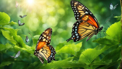 Obraz premium Illustration of Butterflies flying and dancing in a Green Paradise of a green forest