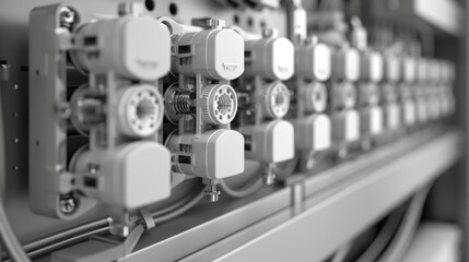 front shot of white contactors in a row inside a electrical cabinet. modern clean 