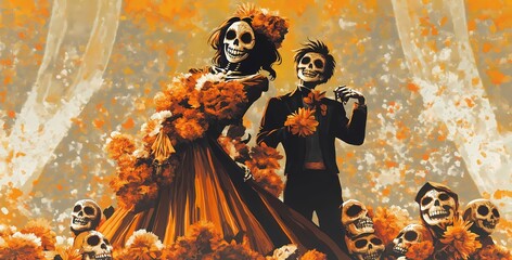 Fototapeta premium A flat illustration of skeleton lovers and couples designed as a captivating Halloween wallpaper.