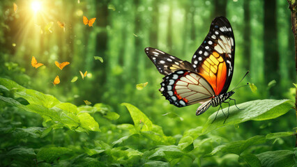 Fototapeta premium Illustration of Butterflies flying and dancing in a Green Paradise of a green forest