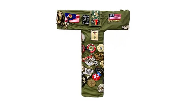 Military Themed Letter T Featuring Assorted Badges and Insignia Generative AI