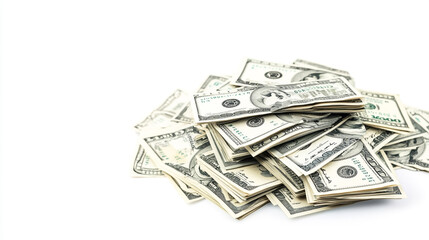 A large pile of scattered U.S. dollar bills spread across a plain white surface highlighting currency value and wealth